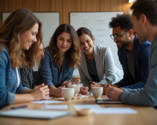 A diverse team of professionals in a strategizing session around a table with ceramic prototypes.